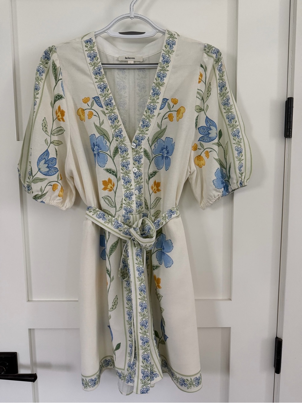 Cream Floral Wrap Jumpsuit with Blue & Yellow Accents